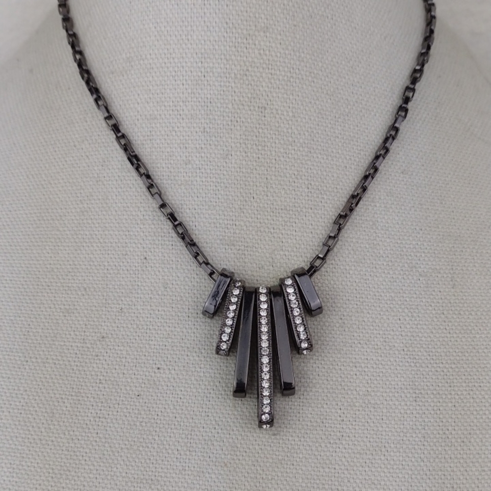 Gunmetal & Crystal Bar Chain Pendant Necklace With Gunmetal Bead Bracelet